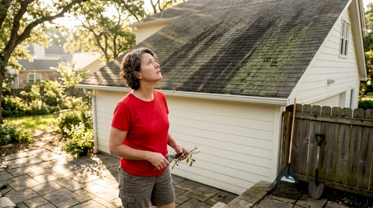 Homeowner inspecting roof for algae stains