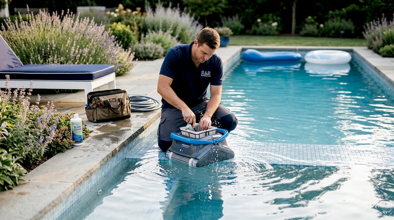 Pool technician maintaining robot pool cleaner