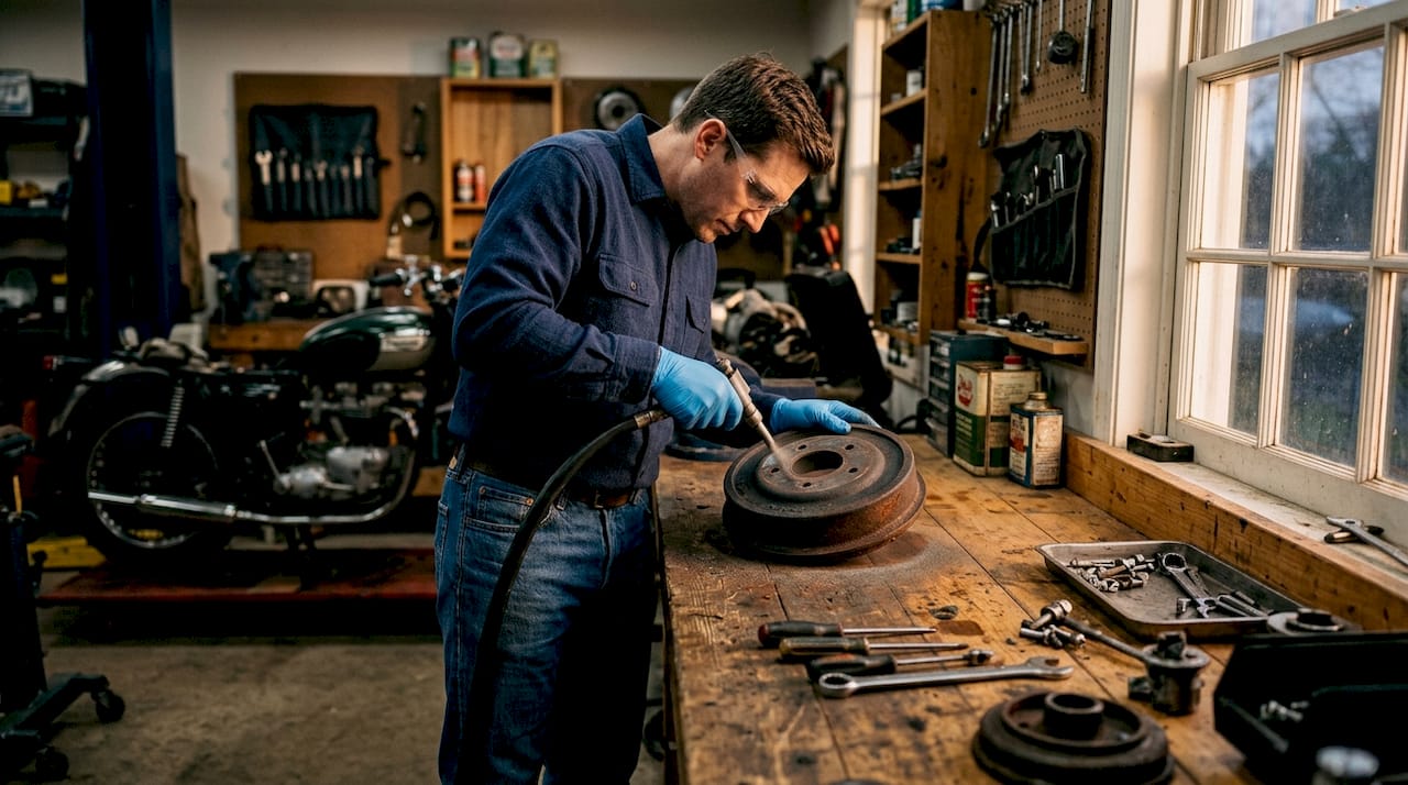 Technician sandblasting rusted automotive part