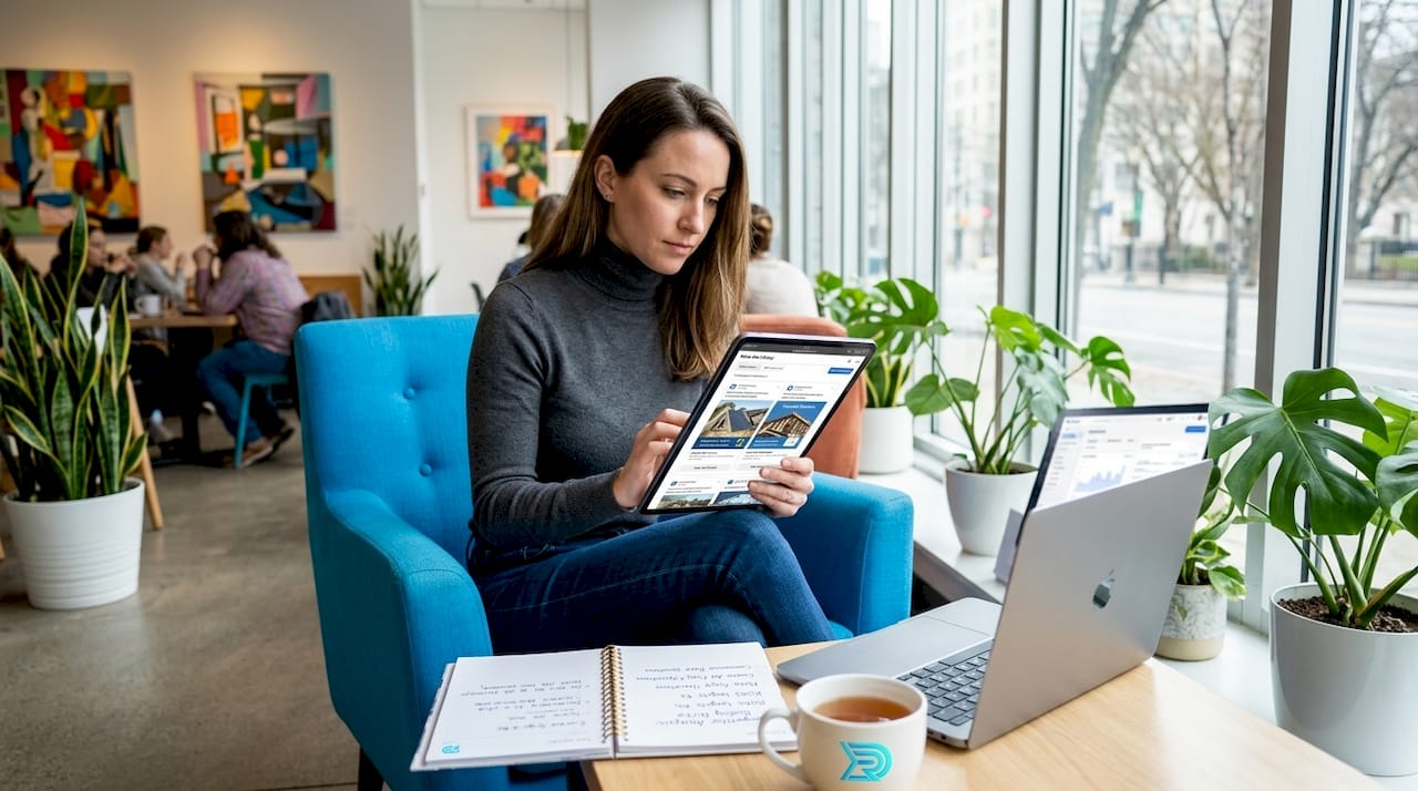 Marketer researching roofing ads on smartphone
