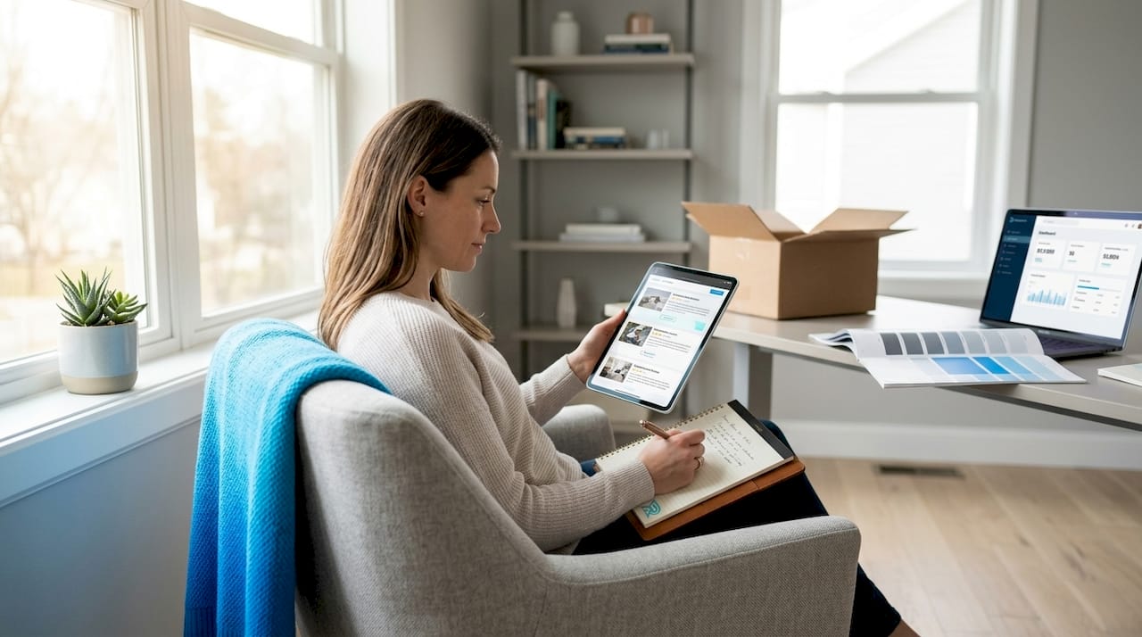 Homeowner researching contractors in living room