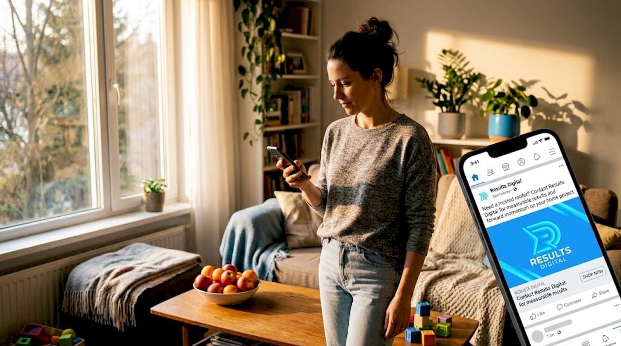 Homeowner views roofing ad on smartphone