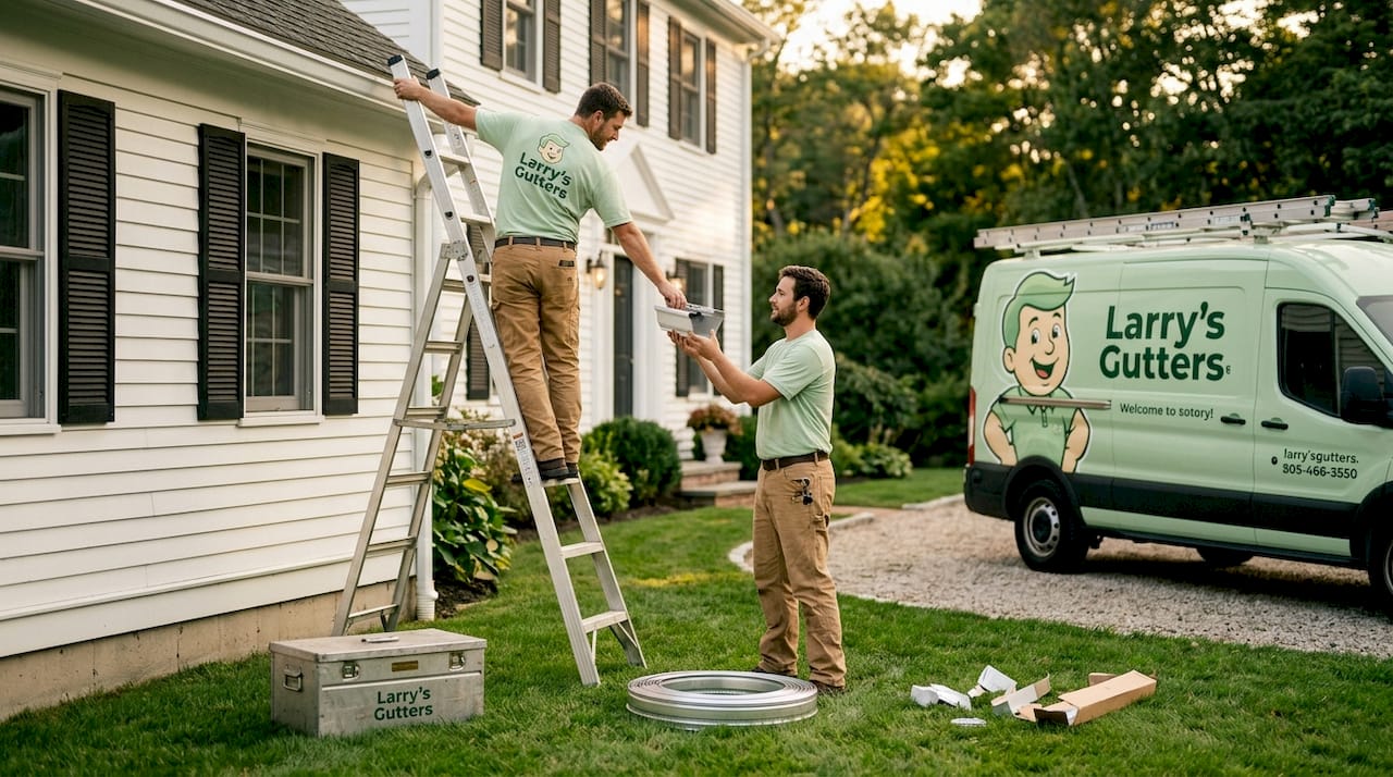 Professional installers assembling house gutters