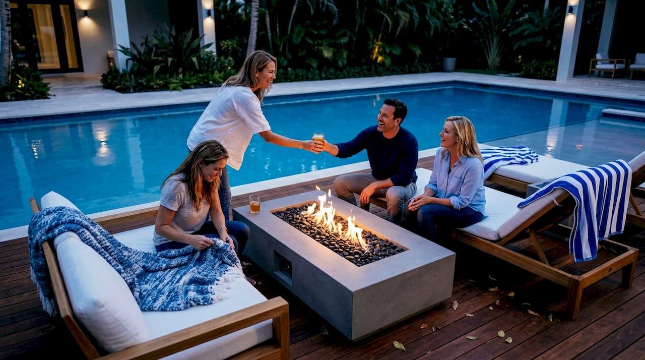 Fire Features for Pools: Top 10 Options Ranked 1 Friends sitting at fire pit by pool