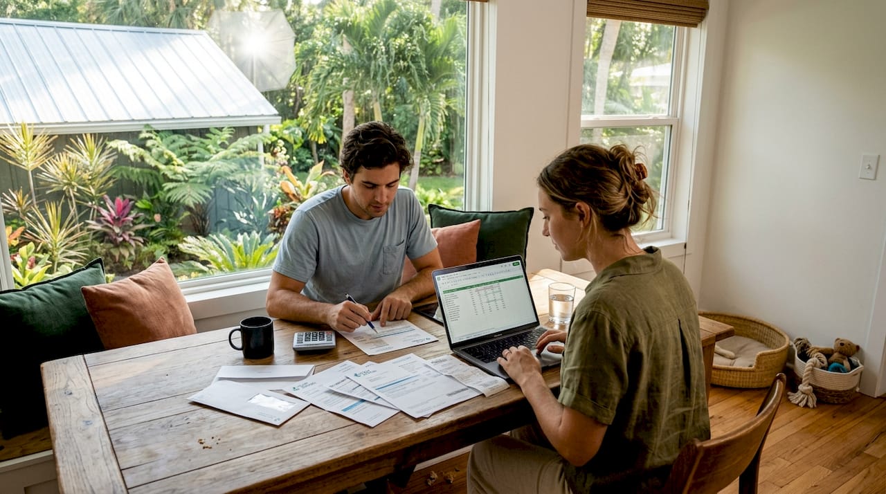 Couple reviewing energy savings from roof