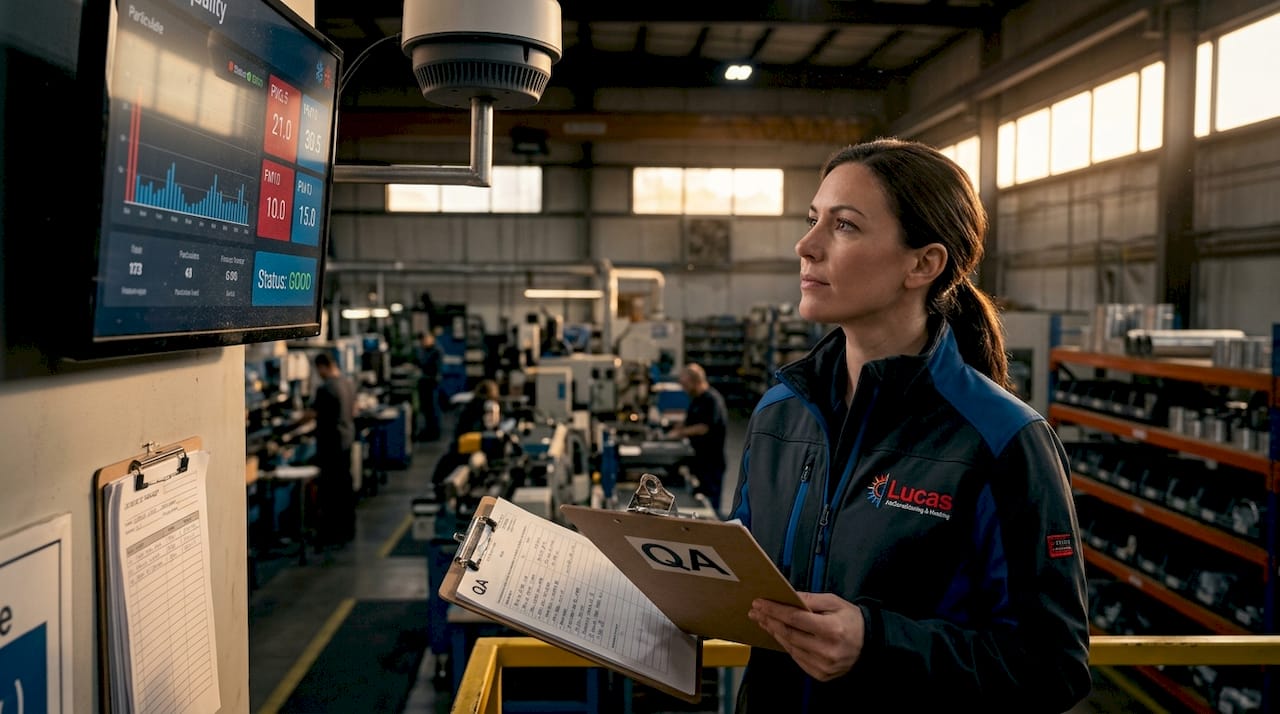 Facility manager checks air quality sensor