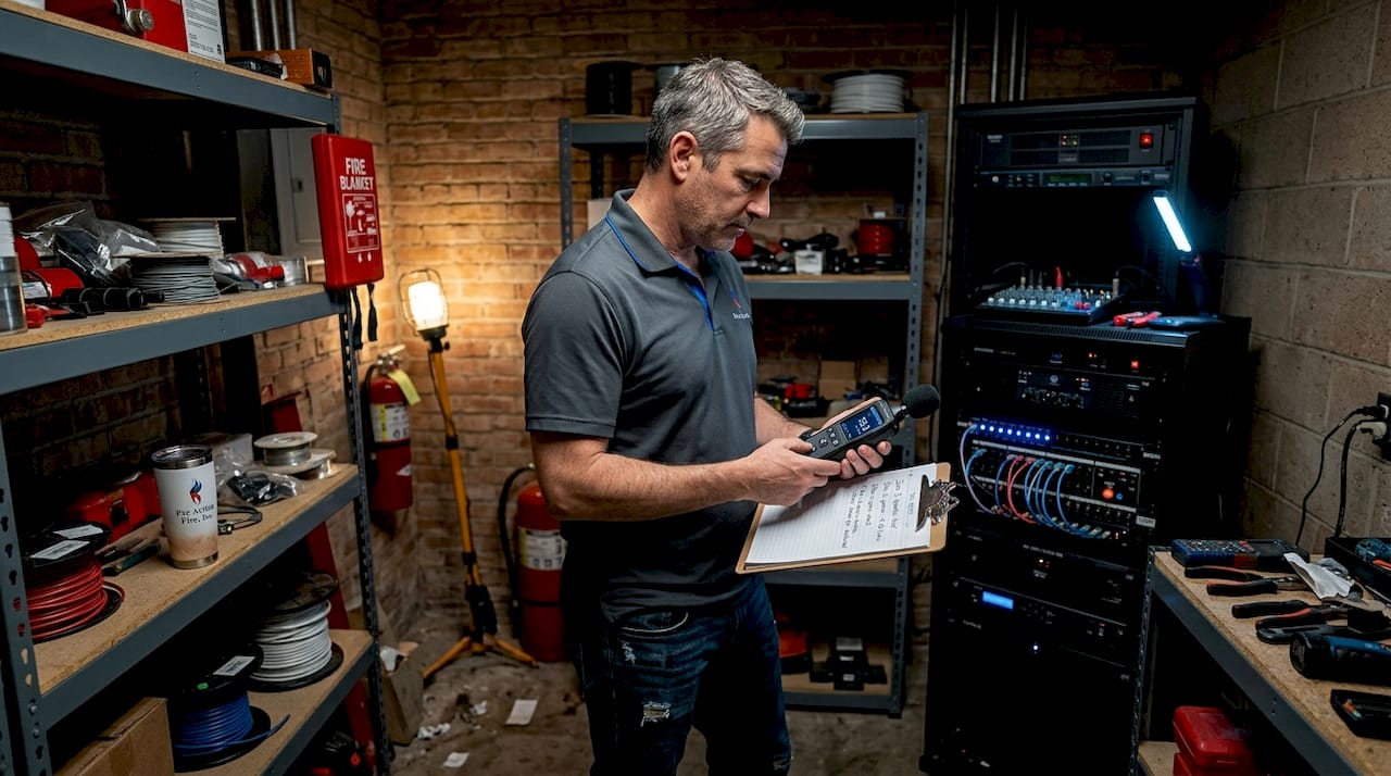 Manager testing PA system clarity in equipment room