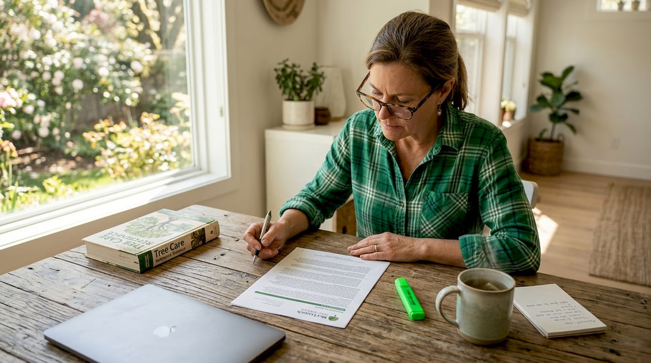 Defining Arborist Reports: What Property Owners Need to Know 1 Homeowner reading arborist report at desk
