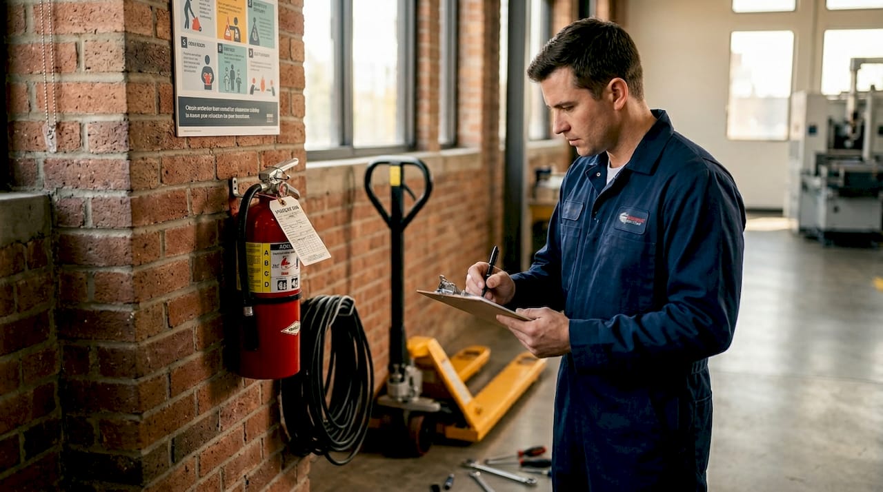 Technician inspecting industrial fire extinguisher