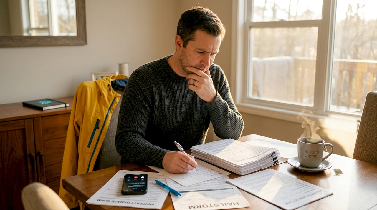 Homeowner reviewing insurance paperwork after storm