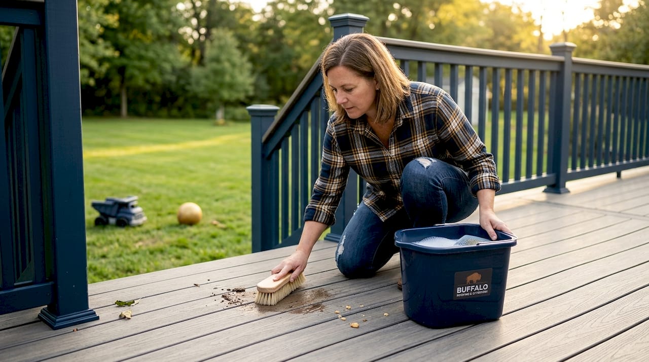 Homeowner scrubbing composite deck boards
