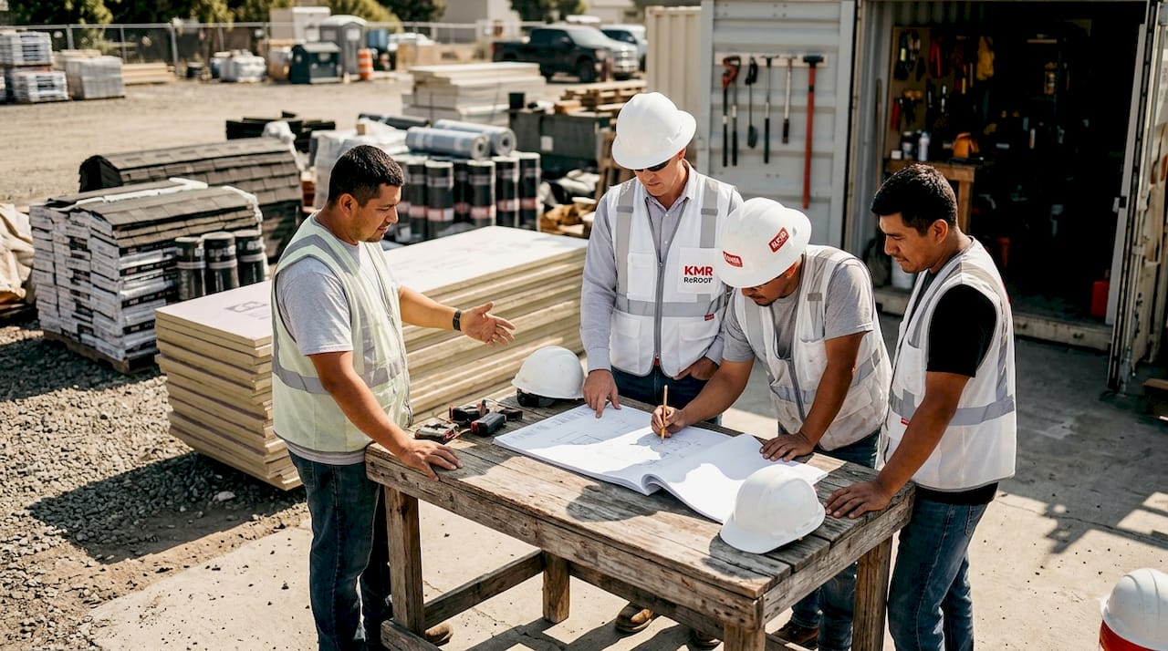Team discussing roof fire compliance plans