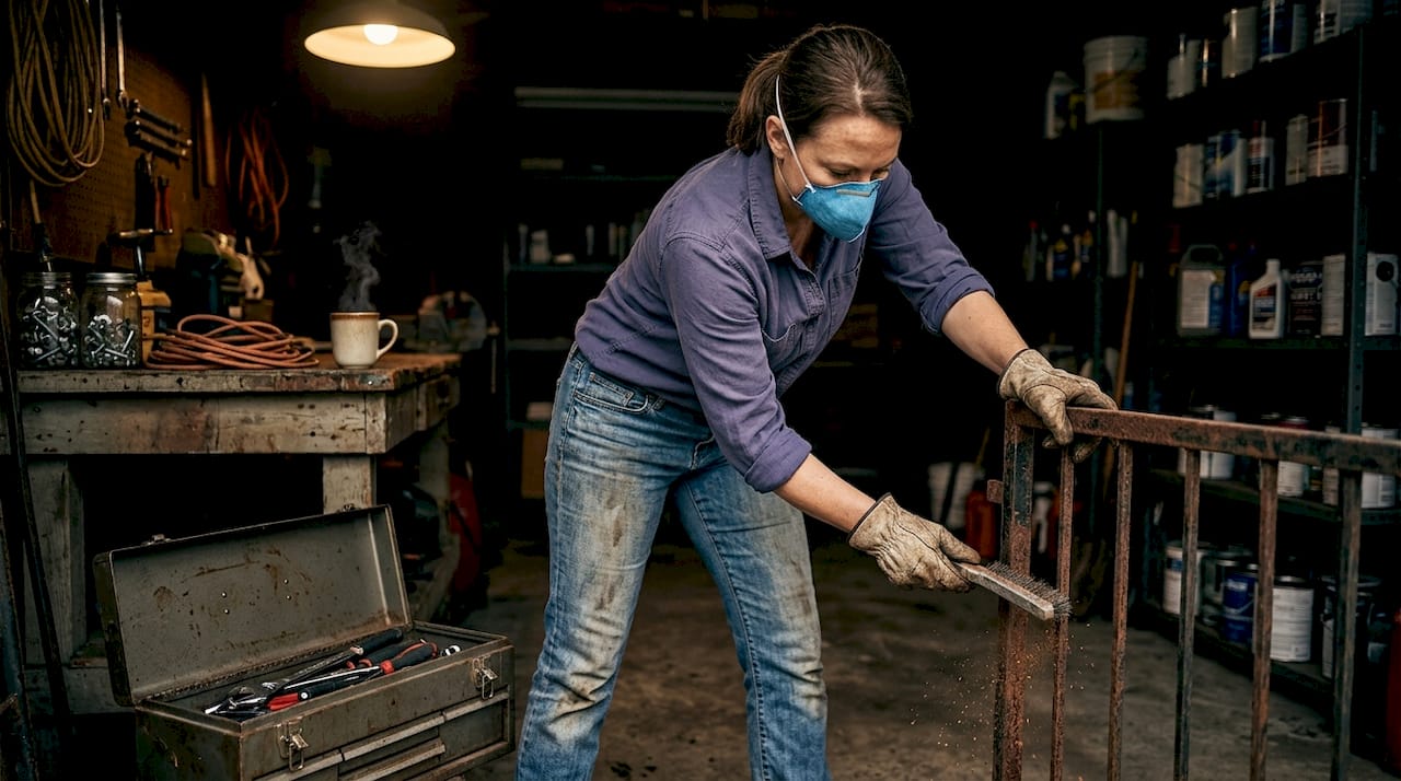 Woman sanding rusty gate outdoors with mask