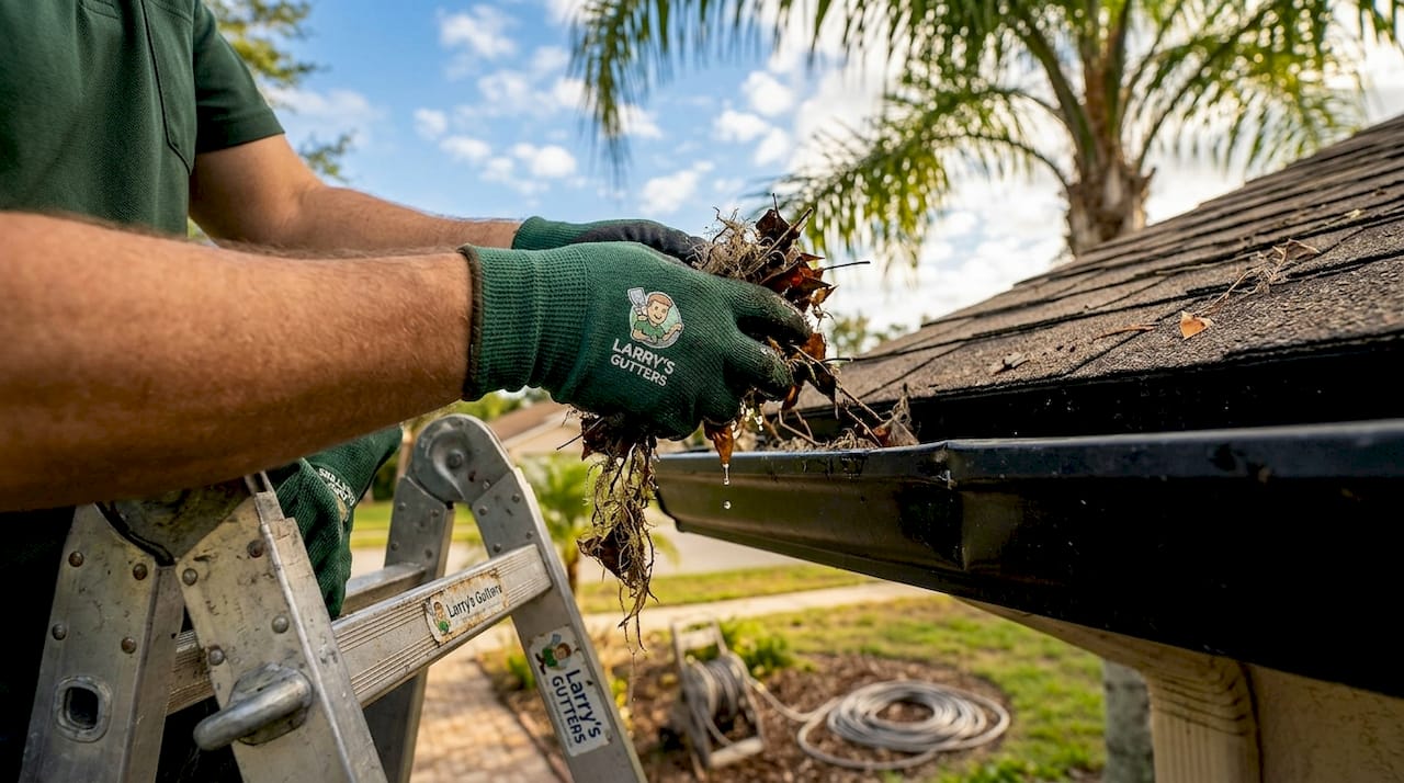 Hands cleaning debris from home gutter