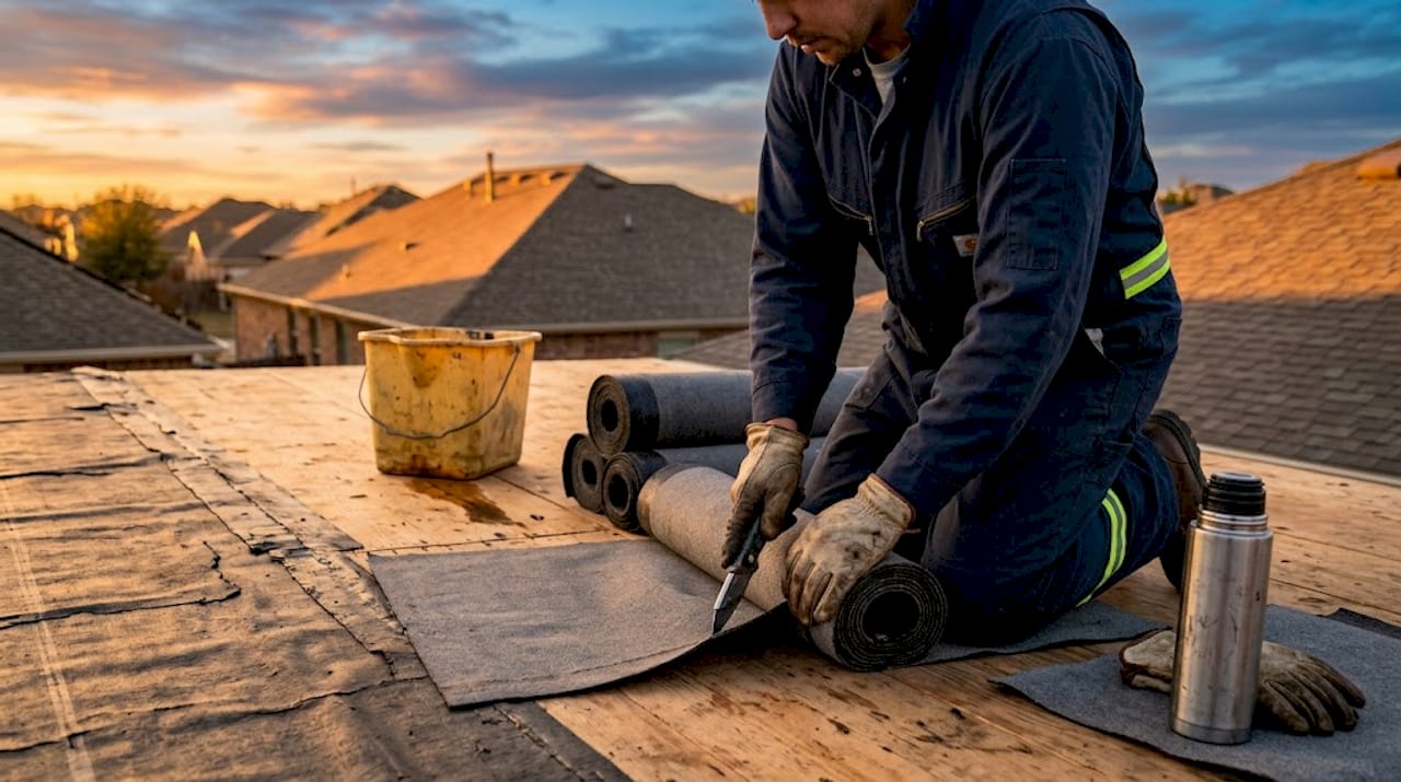 Roofer working with built-up roof materials
