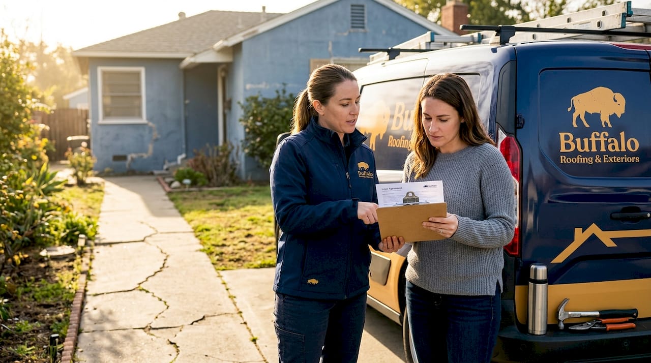 Roofing contractor advising homeowner about loans