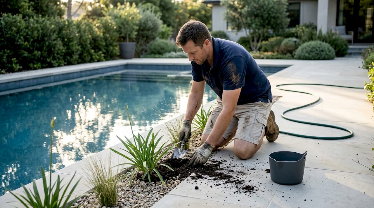 Garden technician planting near backyard pool