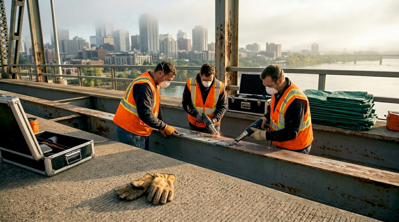 Crew preparing bridge steel with induction tools