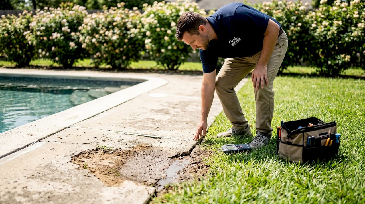 Technician examines pool deck leak damage