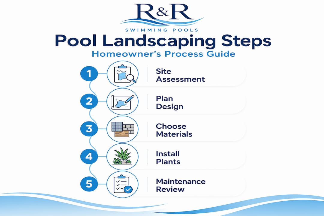 Infographic showing pool landscaping step sequence