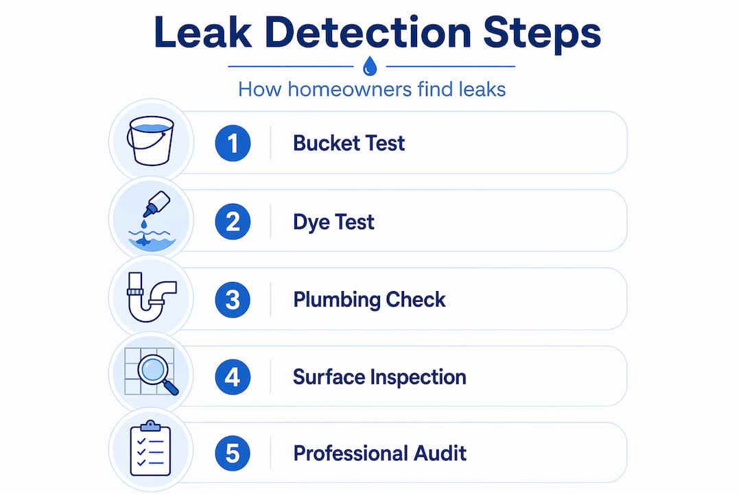 Infographic showing pool leak detection steps
