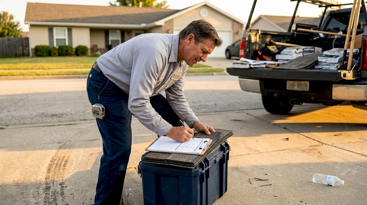 Contractor inspecting roofing shingles by home
