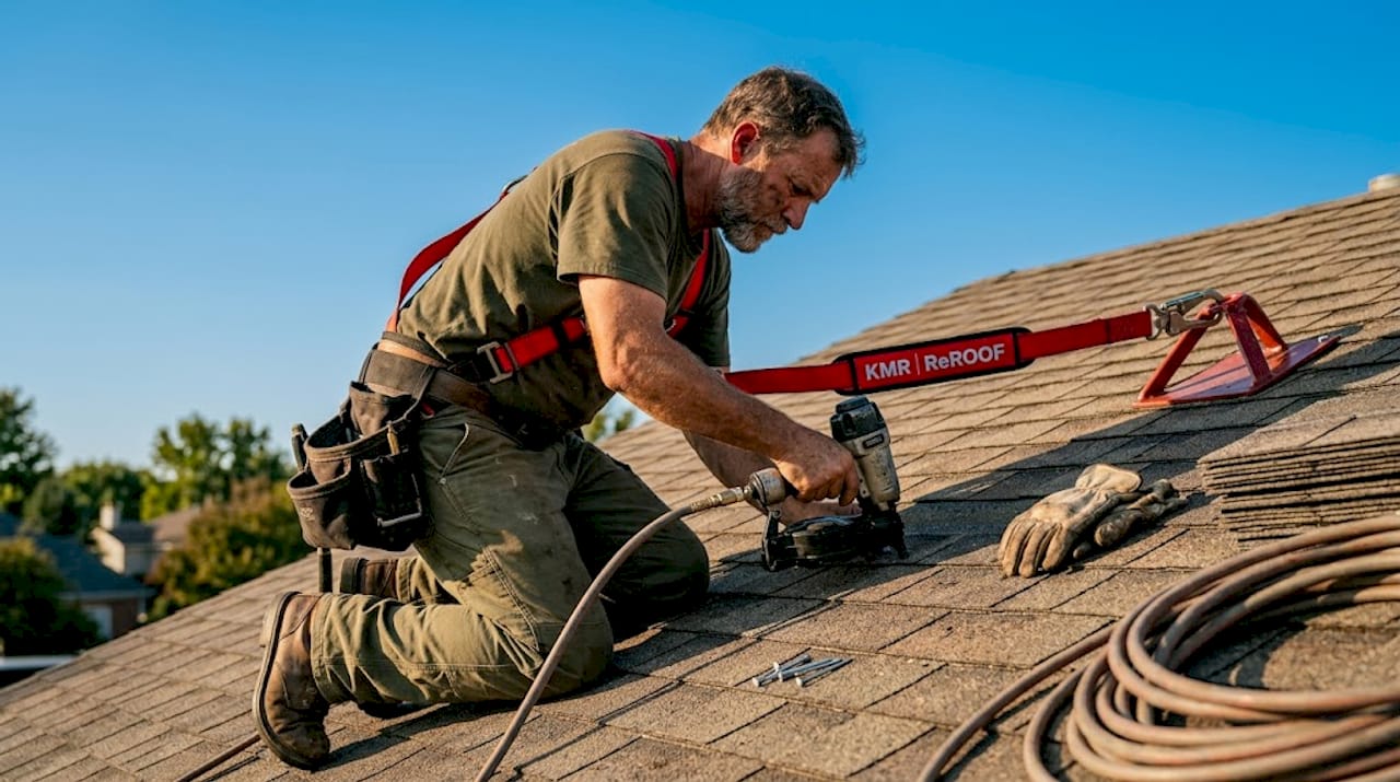 Roofer installing 3-tab asphalt shingles