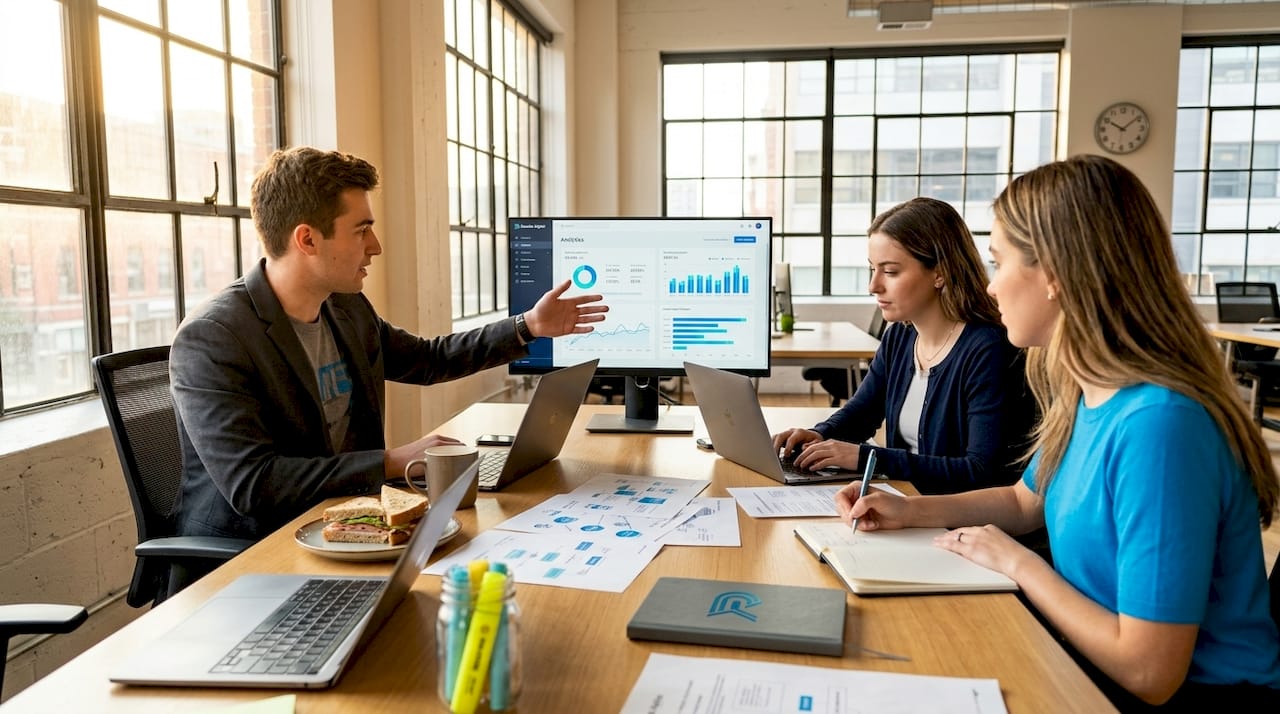 Team working at cluttered marketing workspace