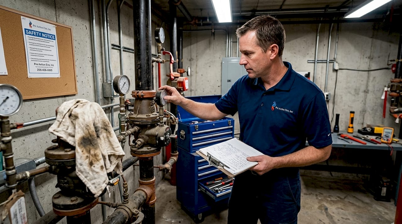 Manager inspecting fire sprinkler valve in basement