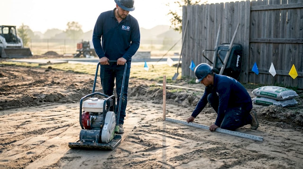 Worker compacting soil for pool foundation