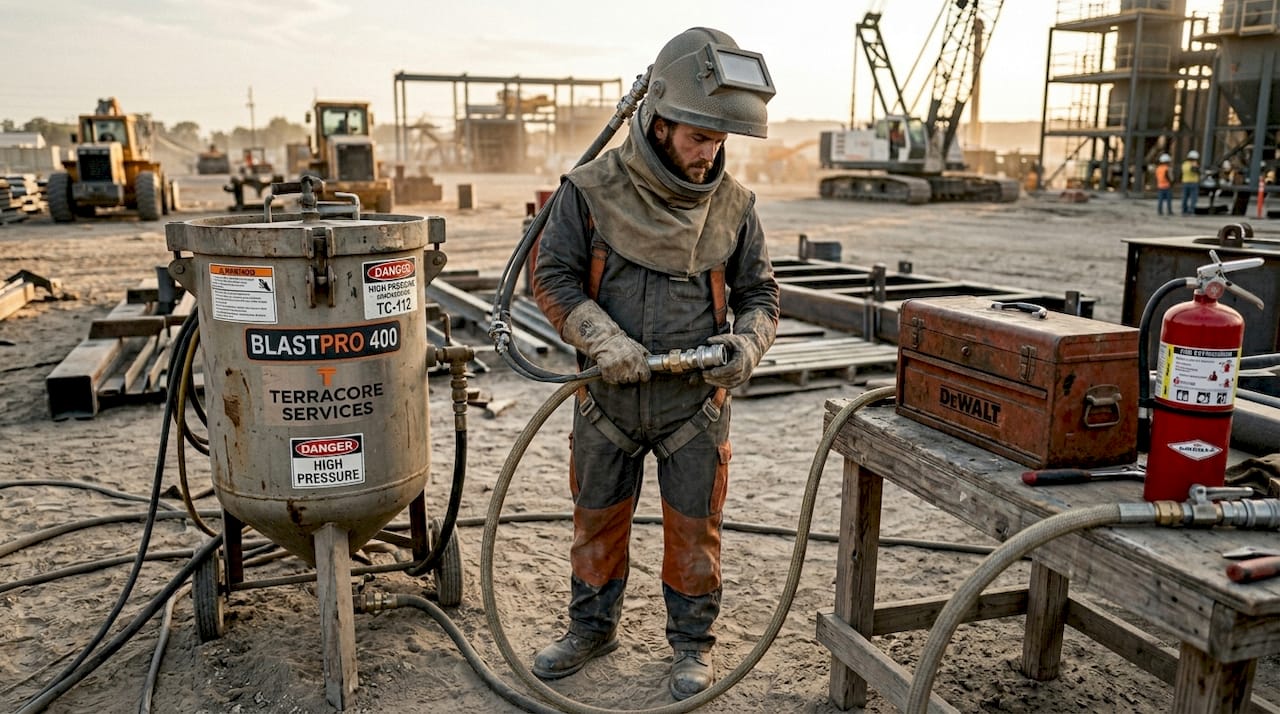 Sandblaster checking PPE and equipment outdoors