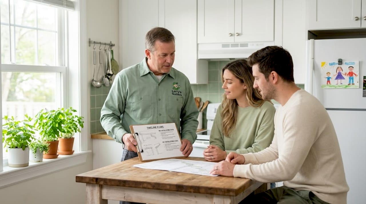 Contractor reviews timeline with homeowners indoors