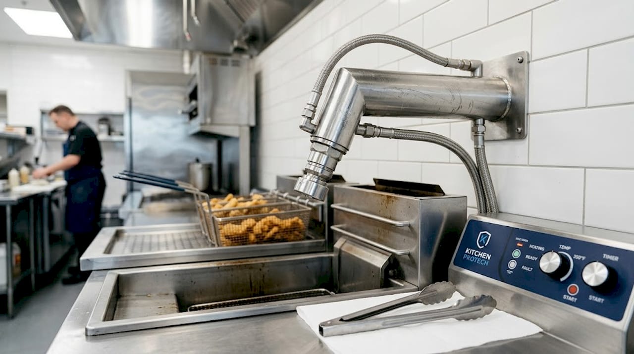 Close-up fire suppression nozzle above fryer