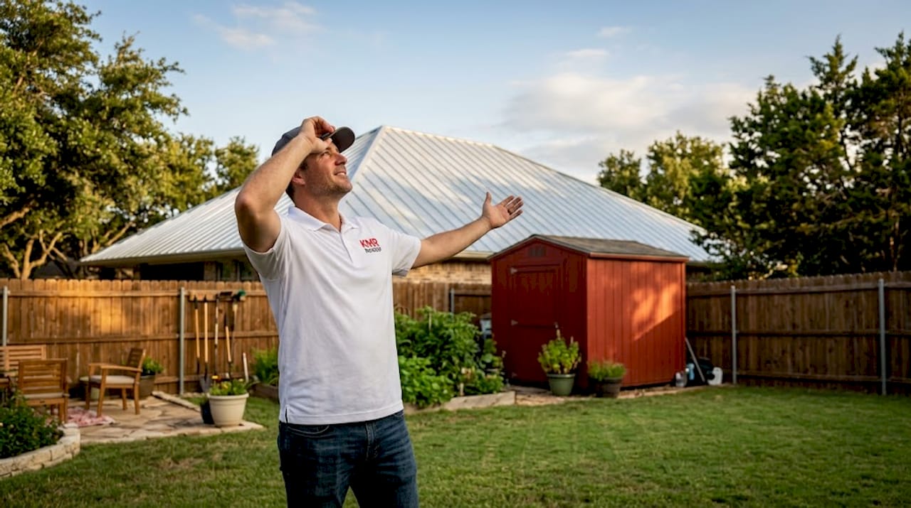 Texas homeowner viewing metal roof installation
