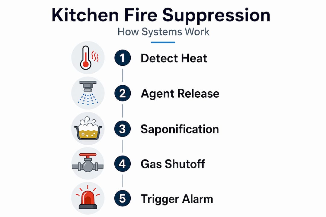 Infographic shows five fire suppression steps