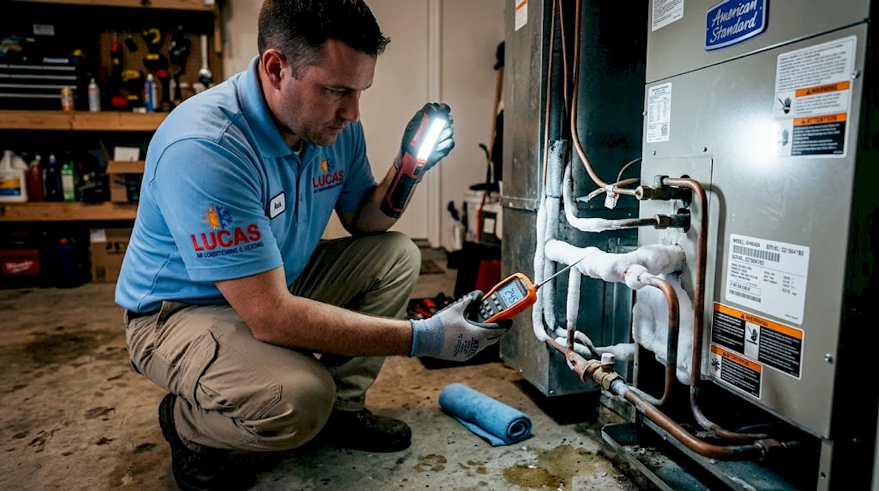HVAC technician inspects frozen AC coils