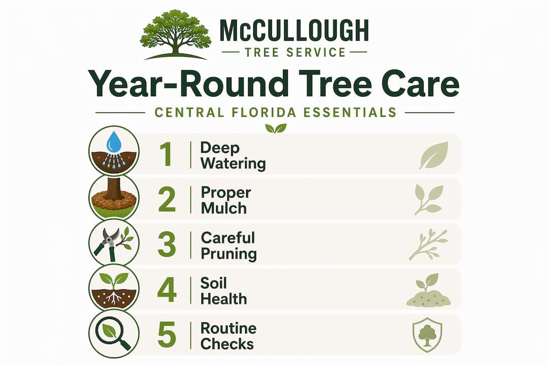 Tree Disease Prevention Guide for Central Florida 2 Infographic showing tree care steps in order