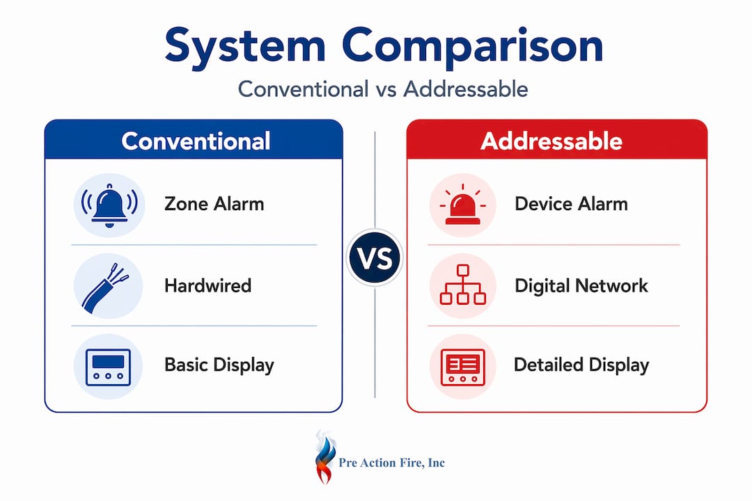 Infographic comparing fire alarm system types
