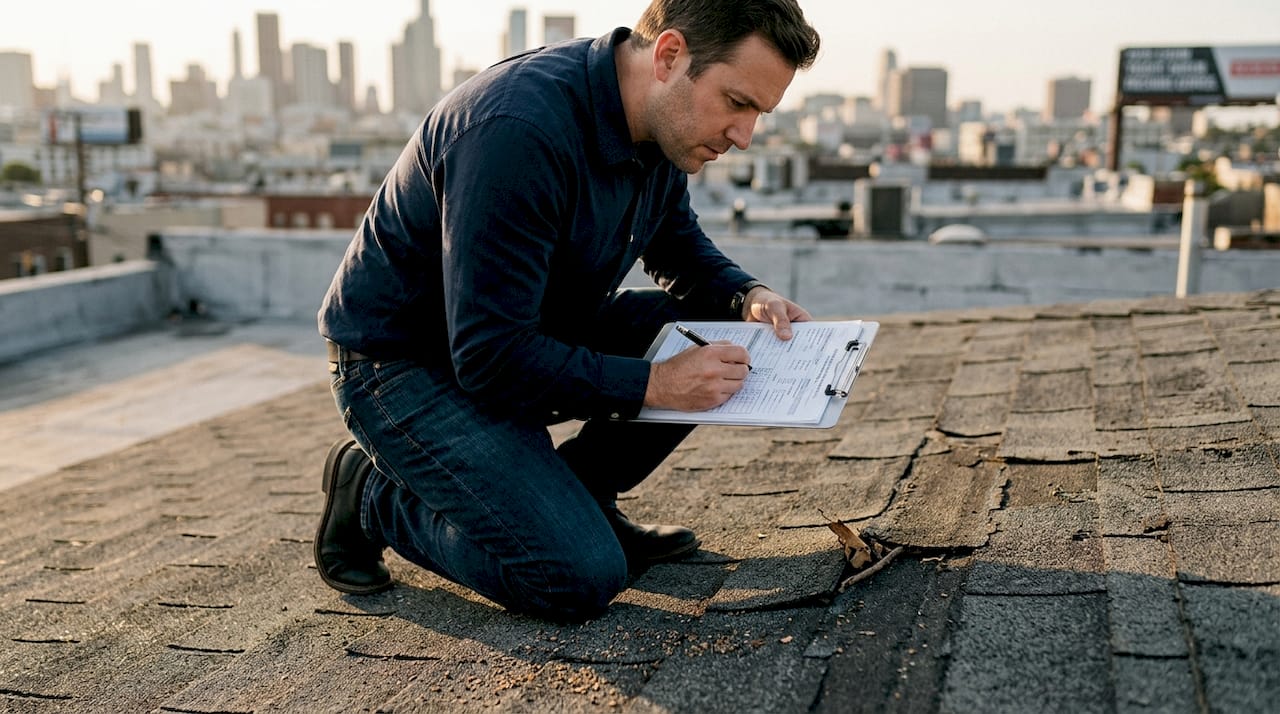 Inspector checks shingle wear on roof