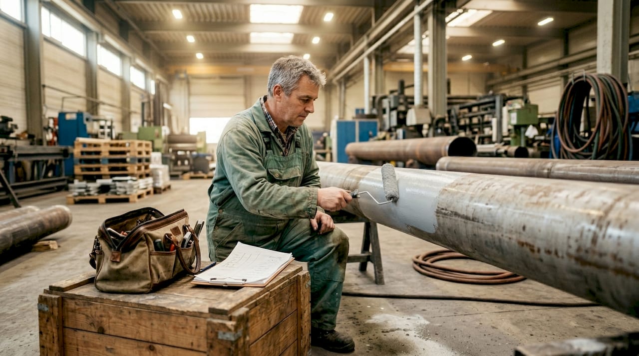 Painter applying protective coating to metal pipe
