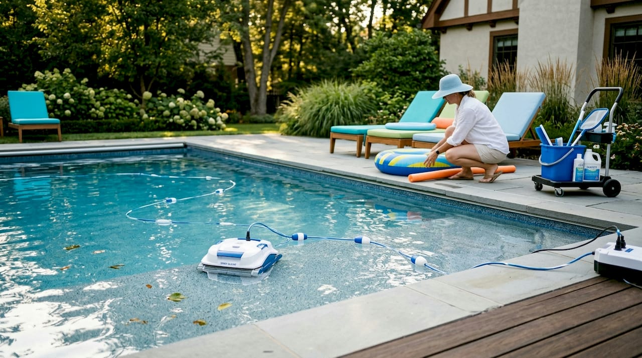 Robotic pool cleaner in busy hotel pool
