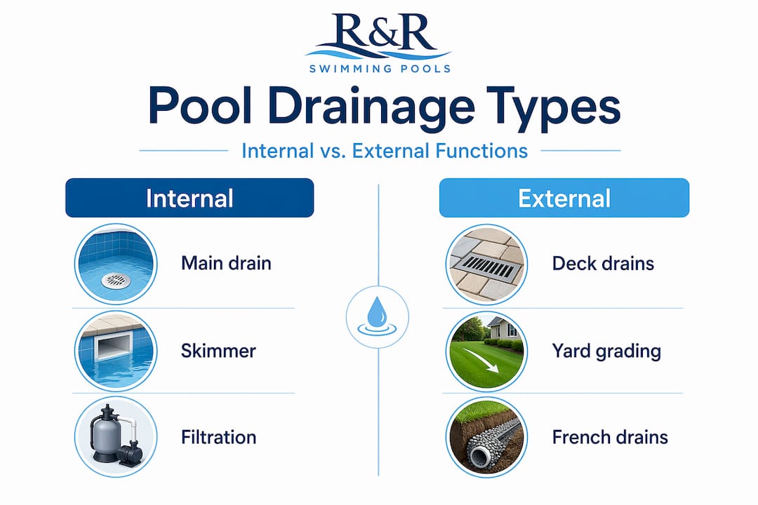 Infographic comparing internal and external pool drainage
