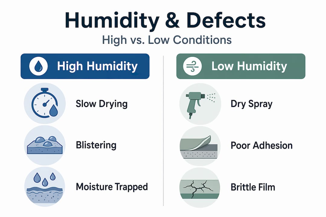 Infographic comparing coating defects in humidity extremes
