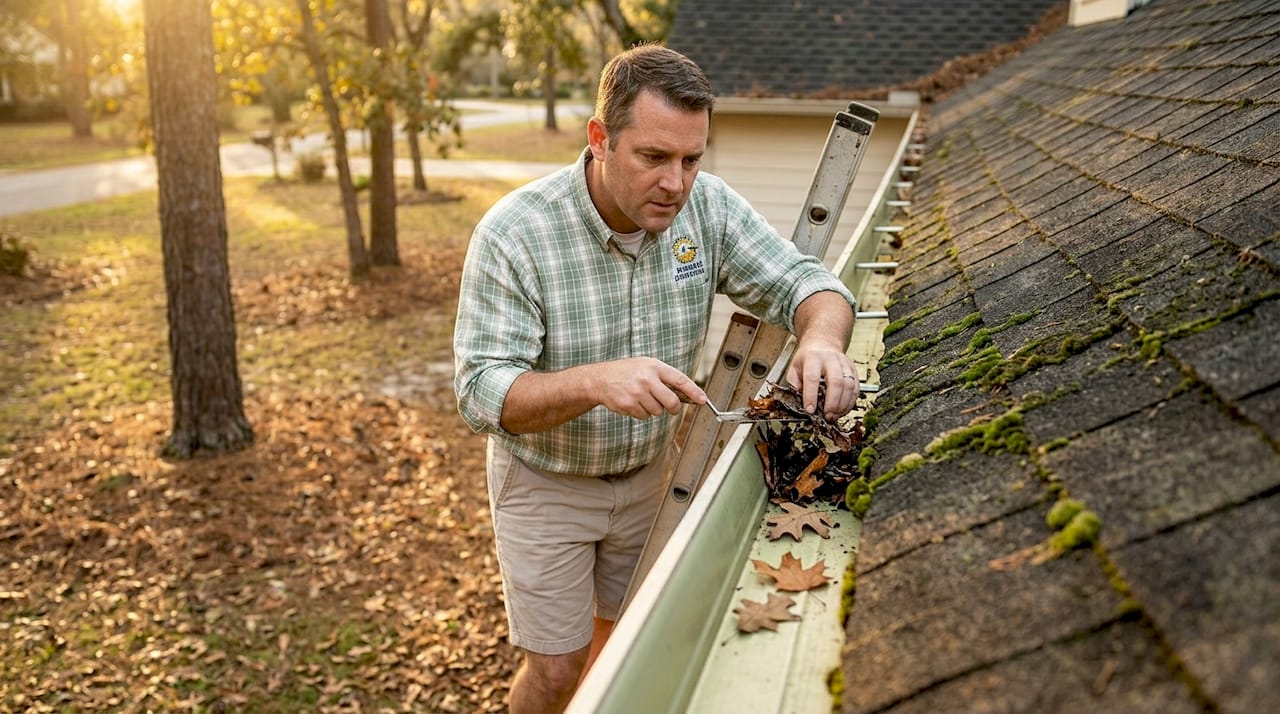 Contractor inspecting roof gutter for debris