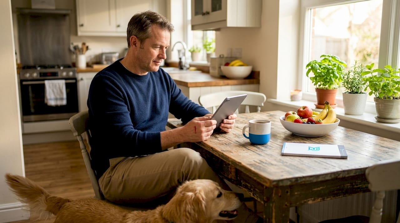 Homeowner browsing roofing ads on tablet