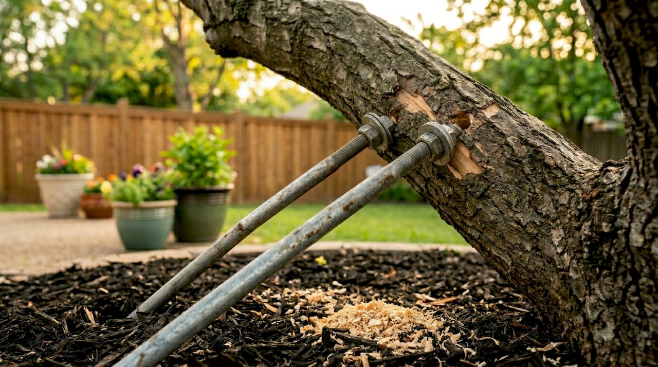 What Is Bracing in Tree Care? A Property Owner's Guide 1 Close-up of tree bracing hardware installation