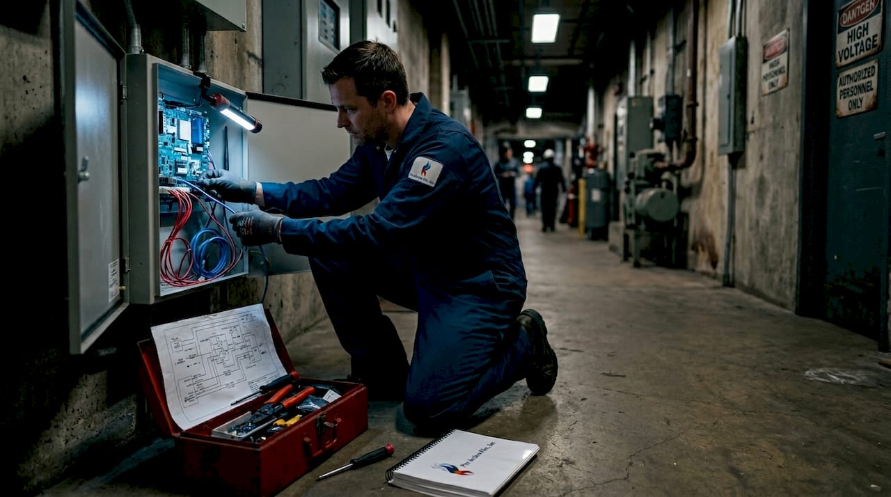 Technician checks fire alarm signaling connections