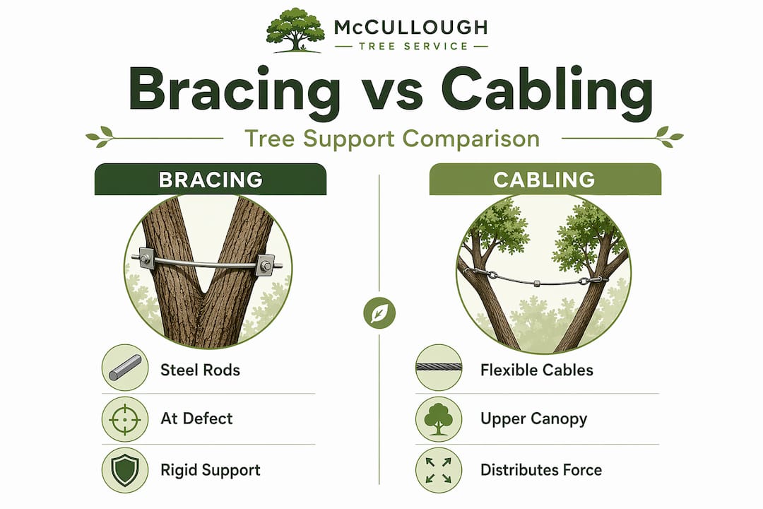 What Is Bracing in Tree Care? A Property Owner's Guide 2 Comparison infographic of tree bracing and cabling methods