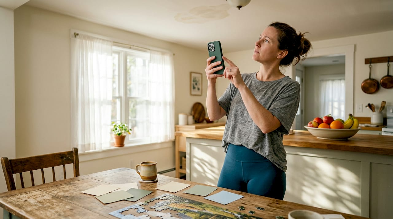 Woman assessing water stains after storm damage