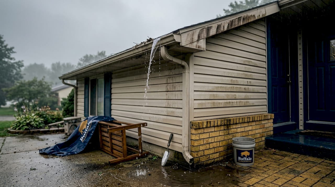 Rainwater overflowing gutters causing wall stains